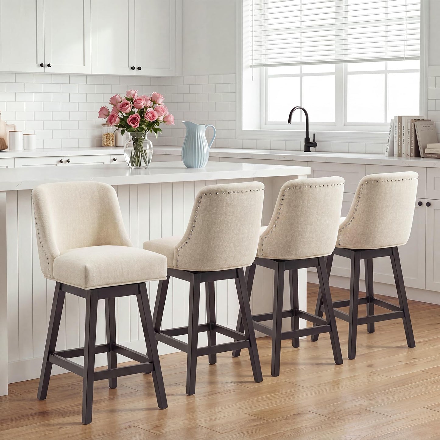 Bar Stools Set of 4, 360° Swivel Upholstered Counter Stools with Back, Wooden Frame Kitchen Bar Chairs with Nailhead Trim