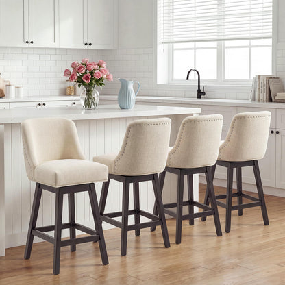 Bar Stools Set of 4, 360° Swivel Upholstered Counter Stools with Back, Wooden Frame Kitchen Bar Chairs with Nailhead Trim