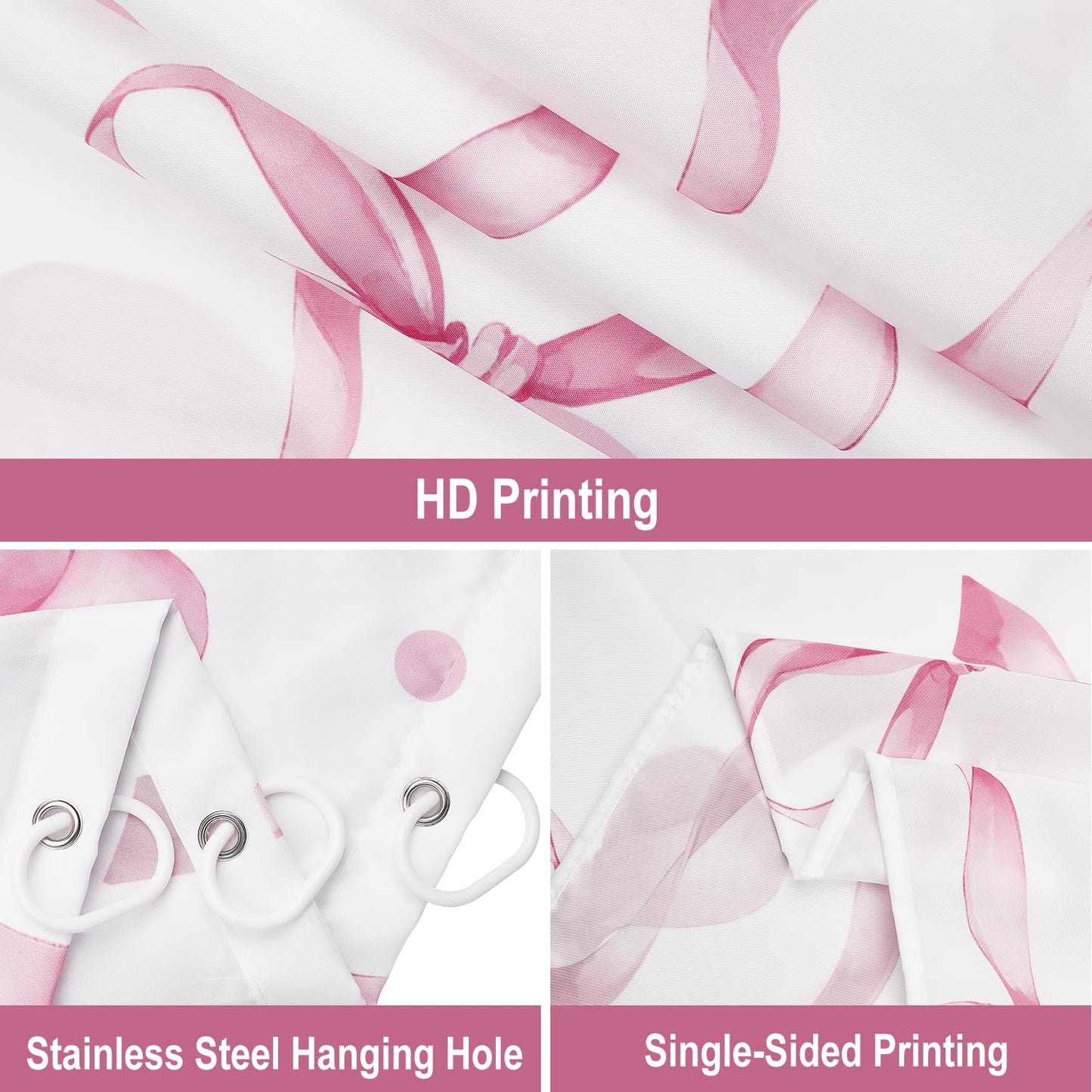 GCIREC Shower Curtain, 180x200cm, Pink Cute Aesthetic Bowknot Bows Waterproof Fabric Machine Washable Bathroom Curtain with Hooks