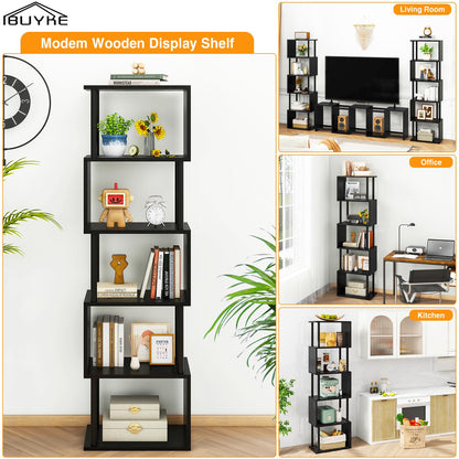 IBUYKE 6-Tier Tall Bookshelf,S-Shaped Geometric Bookcase,Black WBC016B