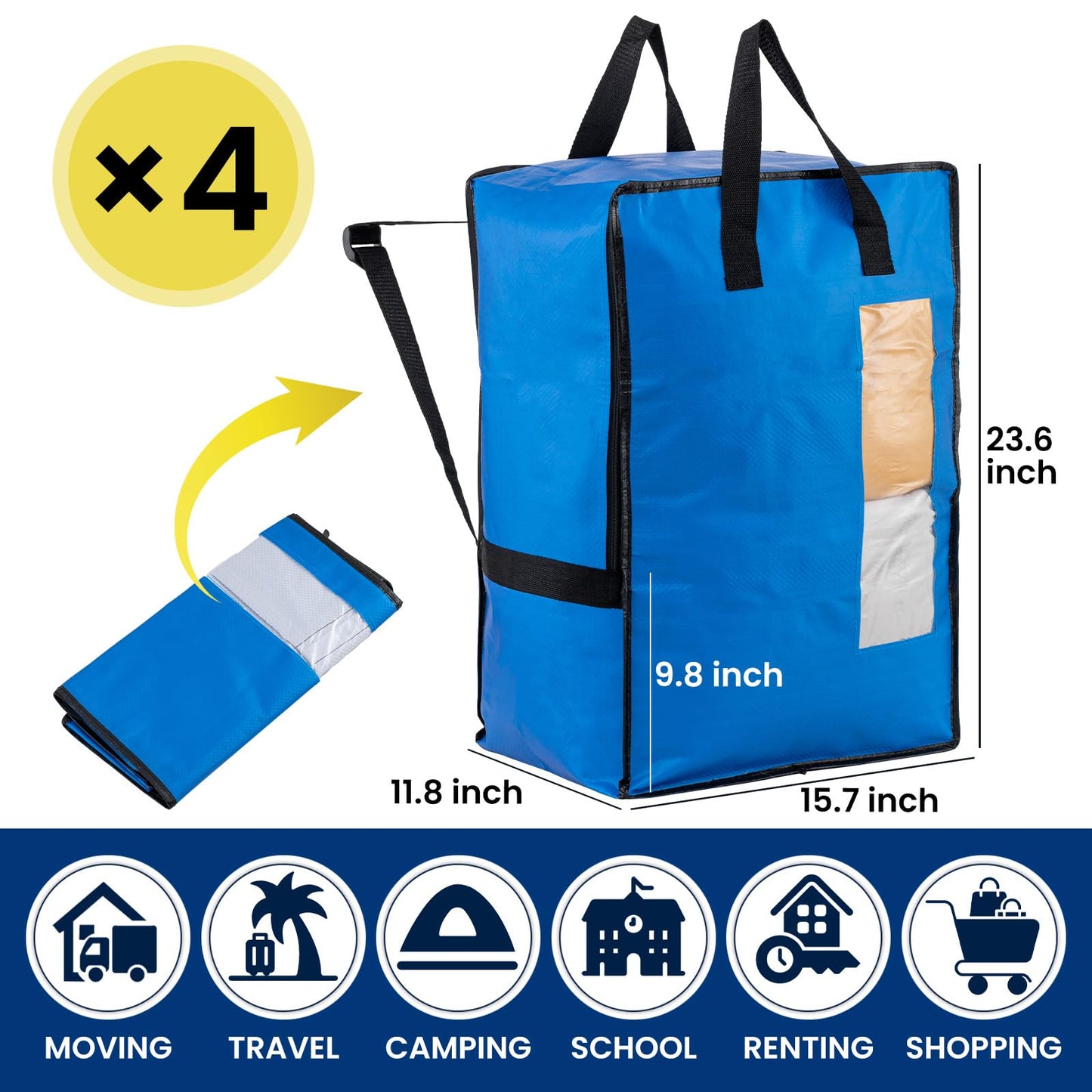 TAILI Backpack Moving Bags, Clothes Storage, Strong Handles, 4 Pack Blue