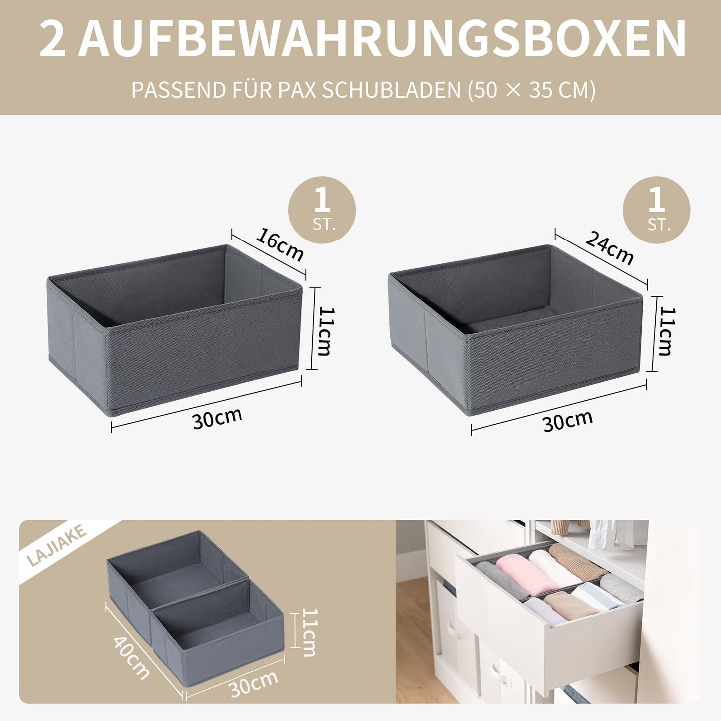 LAJIAKE Set of 2 Drawer Organisers Clothes for PAX Cupboard 50 x 35 cm, Grey