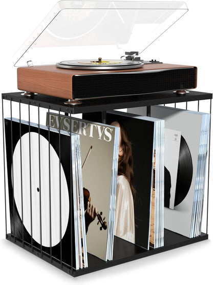 Emfogoo Vinyl Record Storage, Metal & Wooden Vinyl Record Holder Up to 80 LP Albums, 3-Compartment Record Player Stand for Magazine, Book, Files