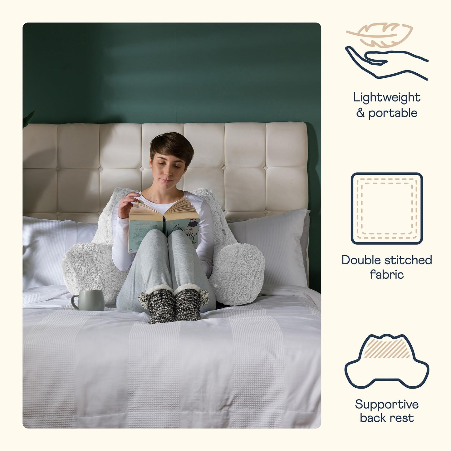 icon Teddy Bear Fluffy Fleece Cuddle Cushion, Cream, Reading Pillow, Back Support Cushion, Back Support Pillow for Bed with filling included, Ideal as