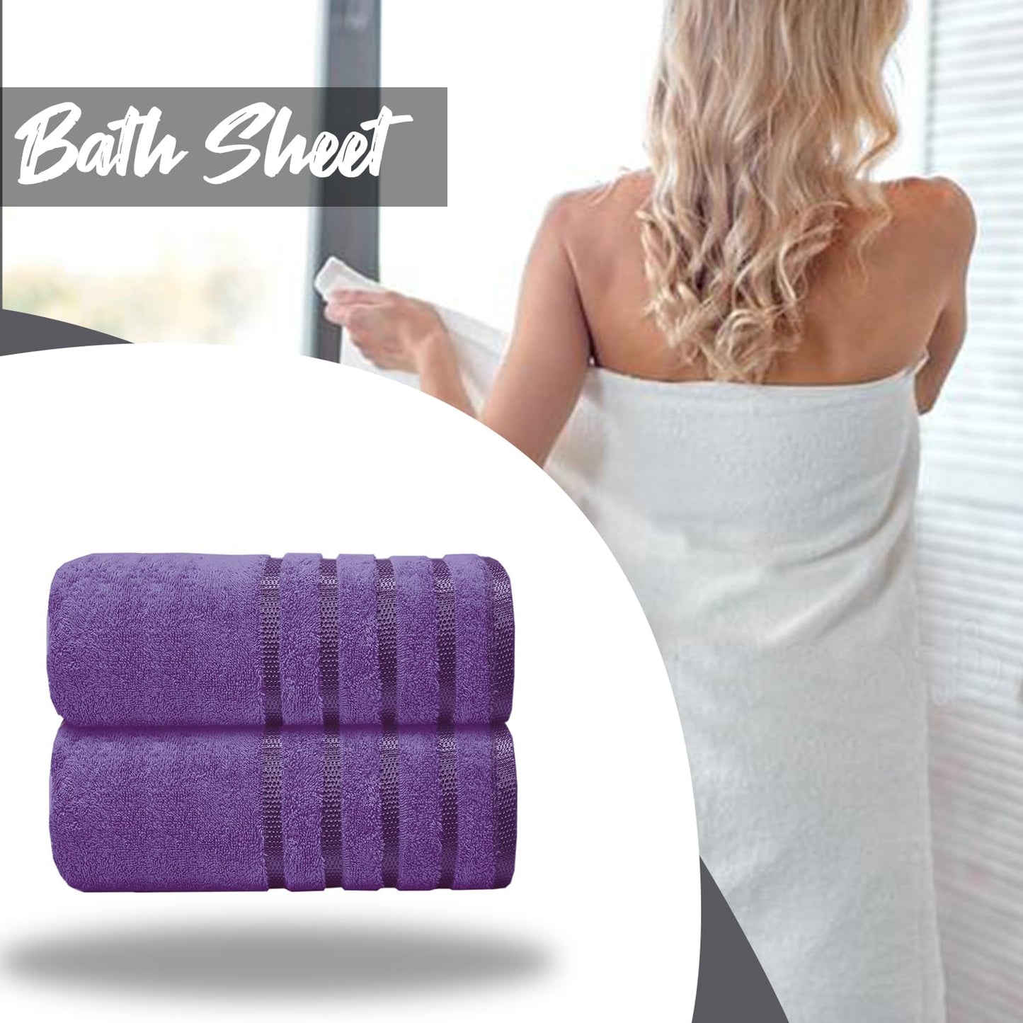 Casabella Deluxe 2 Piece Jumbo Bath sheet 90x180 cm 100% Cotton Extra Large Bath Towels Highly Absorbent Purple Bath sheets Towels
