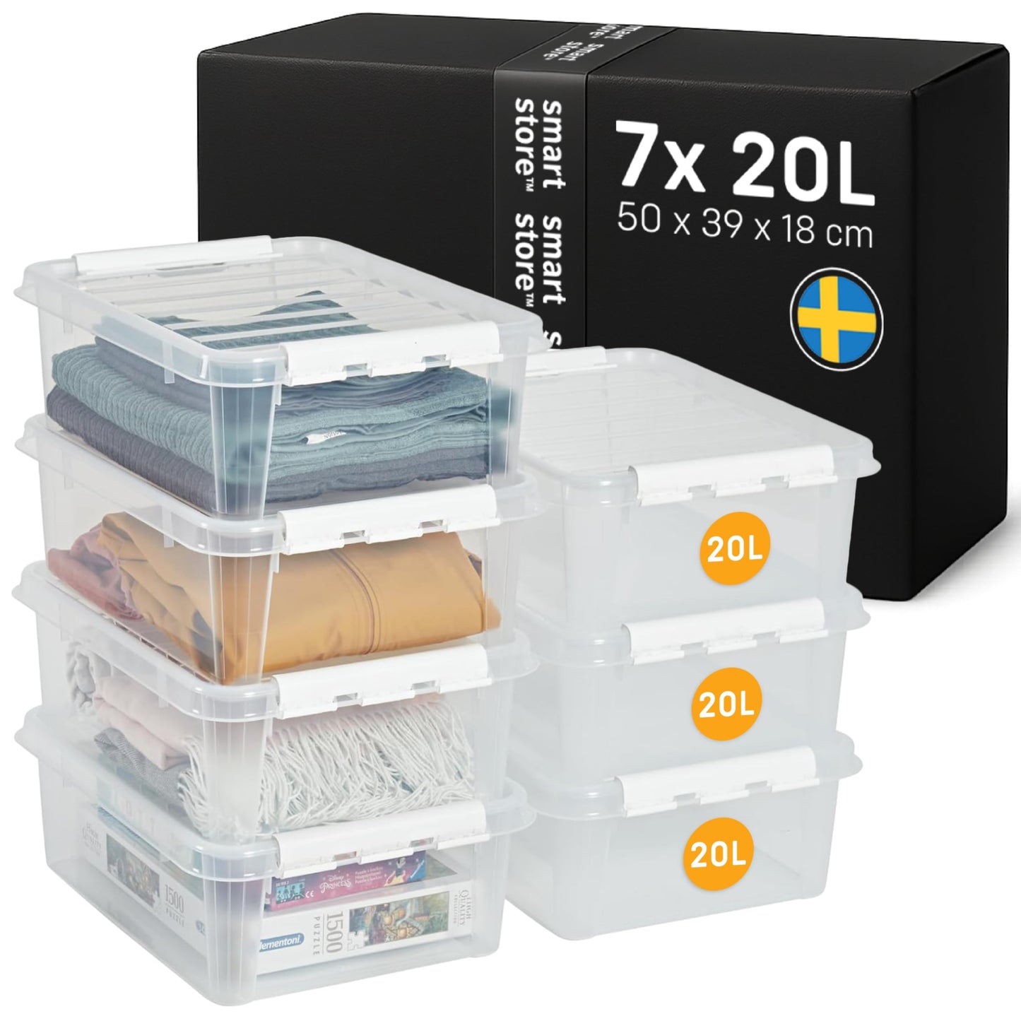 SmartStore - 7x Plastic Storage Box with Lid Classic 20L (50x39x18cm) |Plastic Storage Drawers with Lid|Food-Safe Material|Kitchen &
