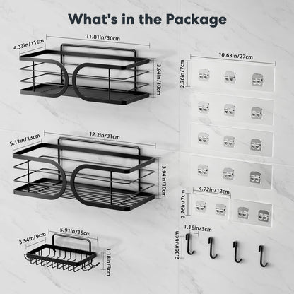 Adurei Shower Caddy 3 Pack with Soap Holder No Drill Wall Mounted 304 Stainless Steel Durable Large Capacity Adhesive Shower Rack Organiser Quick Dry