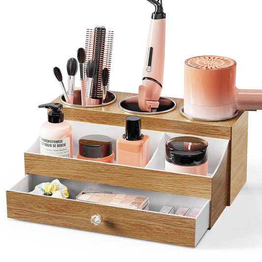 BYUNER Hairdryer Holder with Drawer, Bathroom Hair Tools Organiser, Wood Grain Hair Dryer Holder for Dressing Table, Styling Hair Dryer and