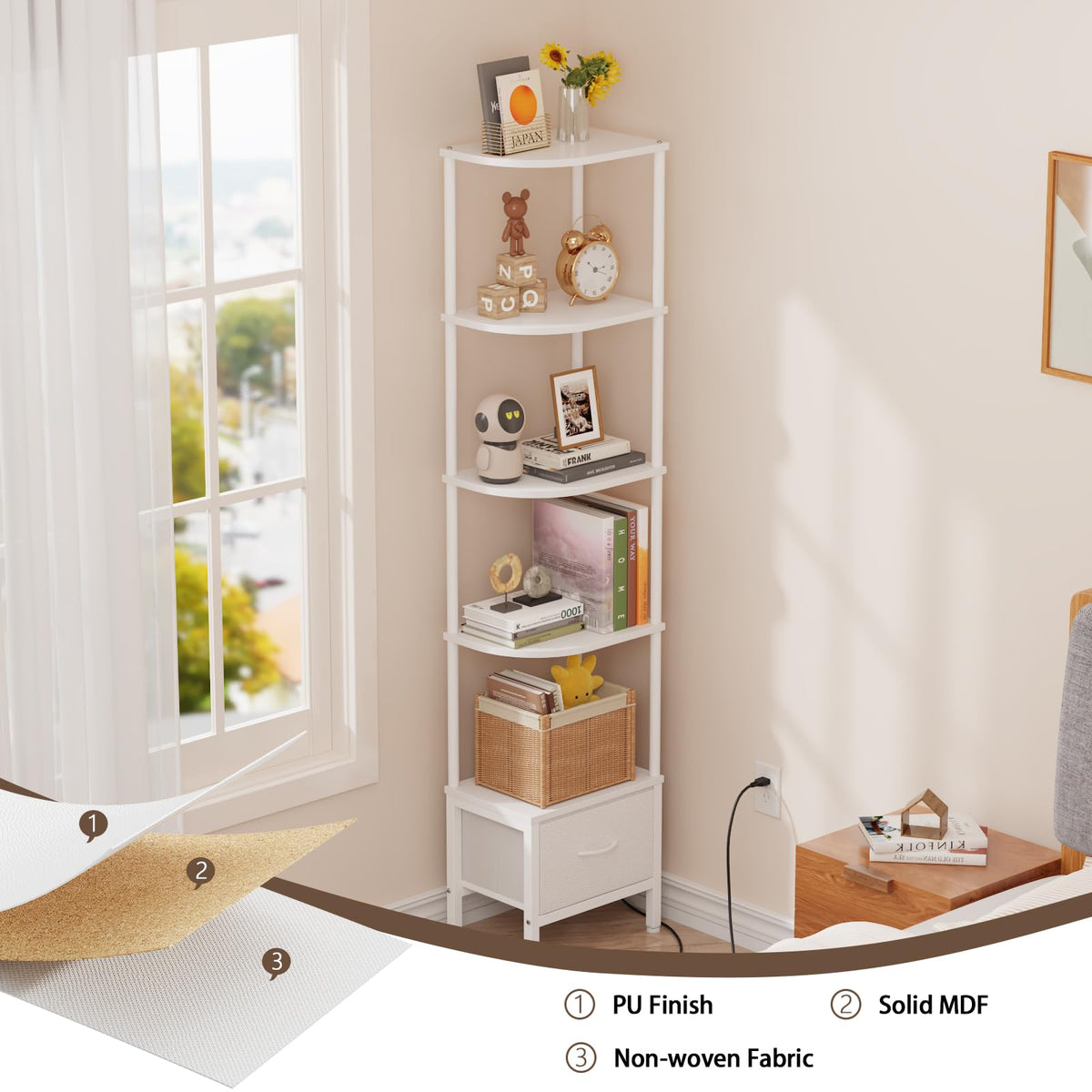 OYRREU 5-Tier Corner Shelf with LED Light & Fabric Drawer, White