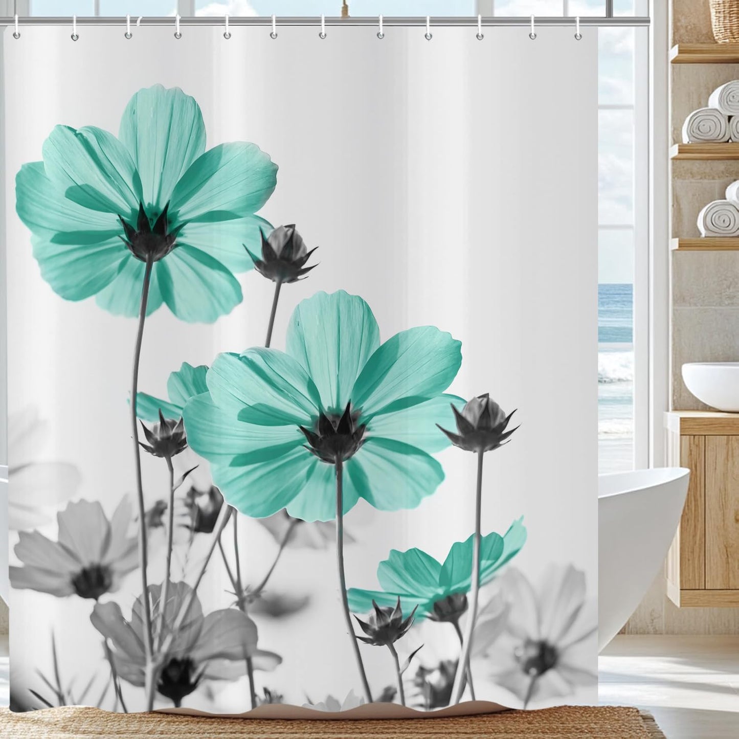 ASDCXZ Turquoise Floral Shower Curtain 180x200 cm, Watercolor Turquoise Gray Daisy Flowers Rustic Farmhouse Waterproof Bath Curtain Polyester Textile