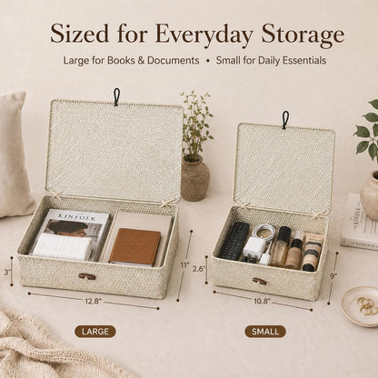 YANGQIHOME - Set of 2 Seagrass Baskets with Lids, Rectangular Woven Storage Baskets, Natural Wicker Boxes for Coffee Table, Shelf
