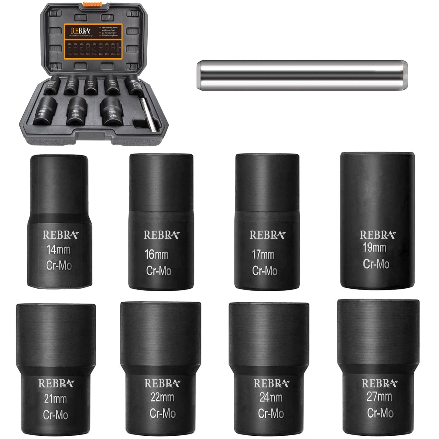 Nut Bolt Extractor Set with Center Punch Bar, Easy Out Lug Nuts Remover Socket Set Tool for Stripped, Damaged, Rounded-Off, Rusted Bolts&Nuts 1/2