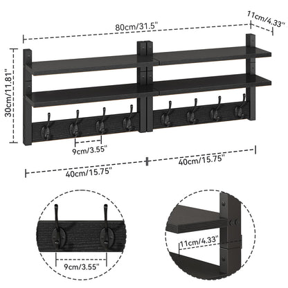 YMYNY 2-Tier Coat Hooks Wall Mounted with Shelf, Black HWS009B-2