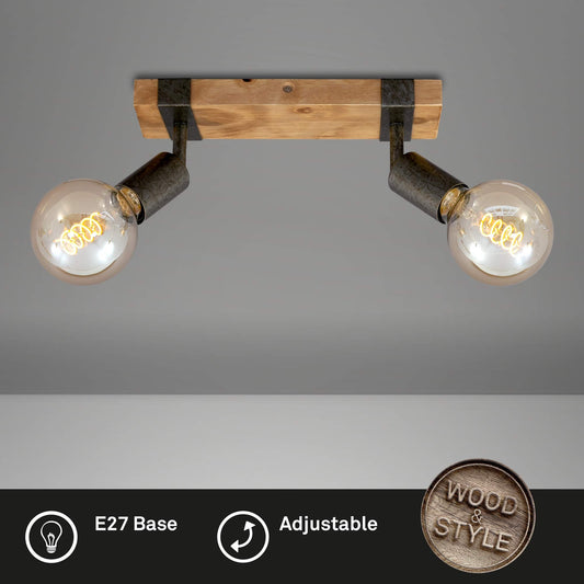 BRILONER - Vintage Ceiling Light Rotatable, 2X E27 Socket, max. 25W, Retro, Wooden Base, spot Lights Ceiling, 2 spot Lights, Ceiling Lights Living