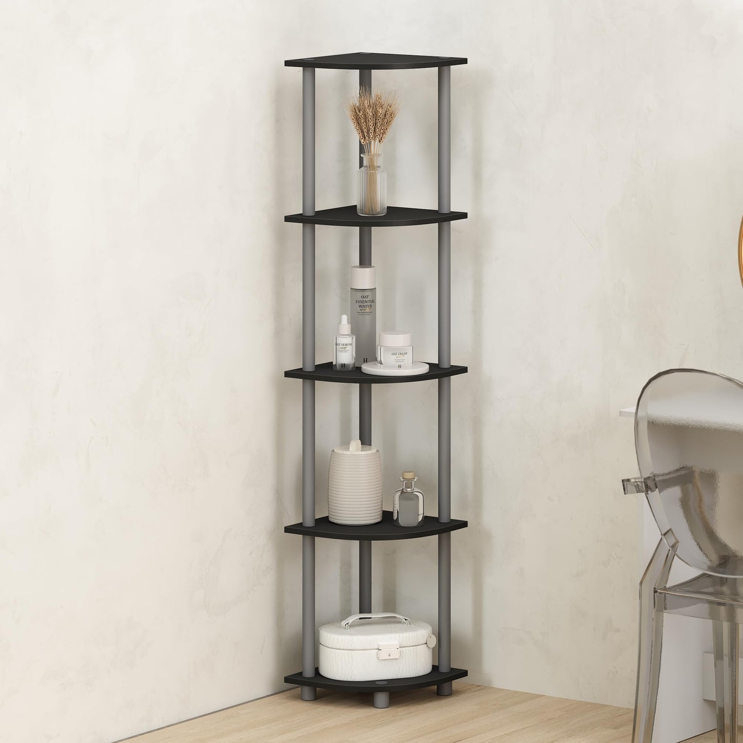 Furinno TURN-N-TUBE Corner Shelf, 5-Tier Corner Display Rack, Shelving Unit, for Organization and Storage, Living Room, Home Office, Garage, Bedroom