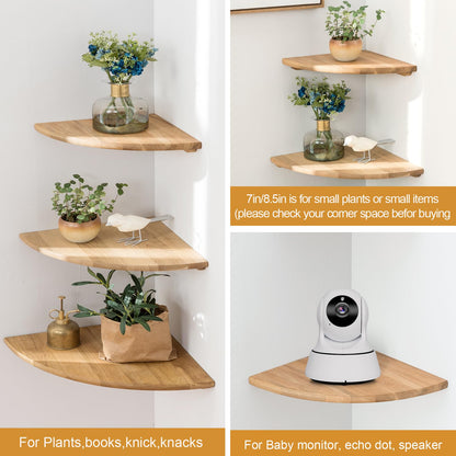 GIEANOO Corner Shelves, Solid Oak Wood Set of 2 12inch Floating Corner Shelves Wall Mount Round End Floating Speaker Shelf With Wire Hole Shelf for