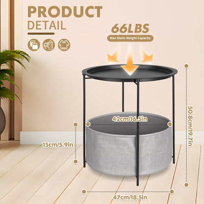 Rinkgarden Round Side Table with Fabric Basket, Modern and Sturdy, Metal End Table for Living Room, Bedroom, Bedside Table, Nursery