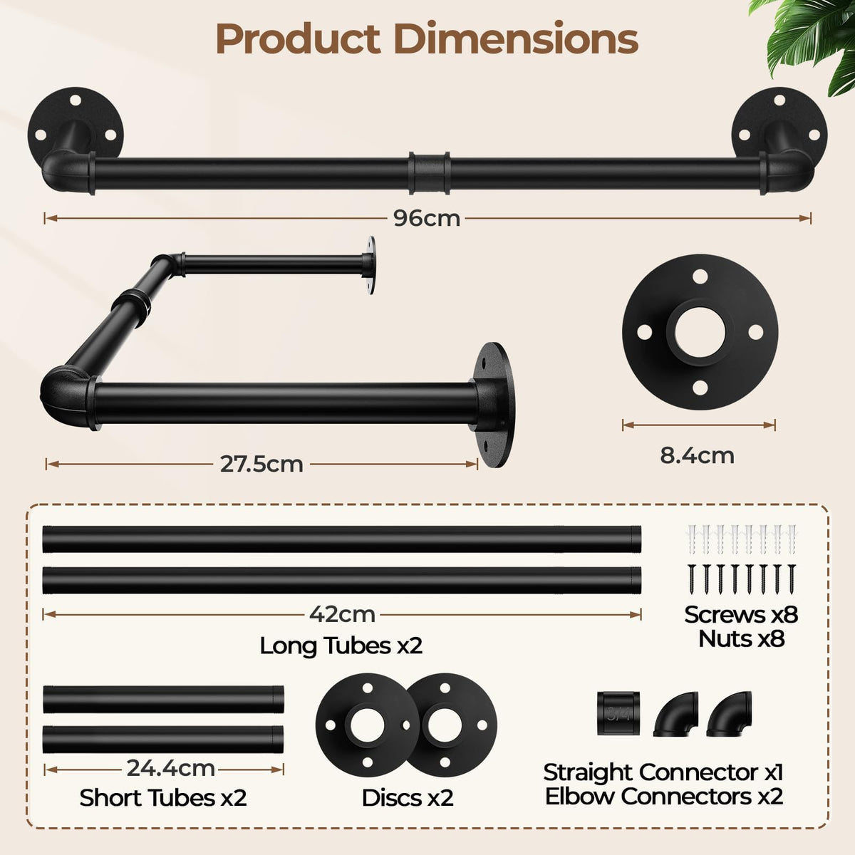 96cm Wall Mounted Clothes Rail Clothing Rack Industrial Pipe Rod Black
