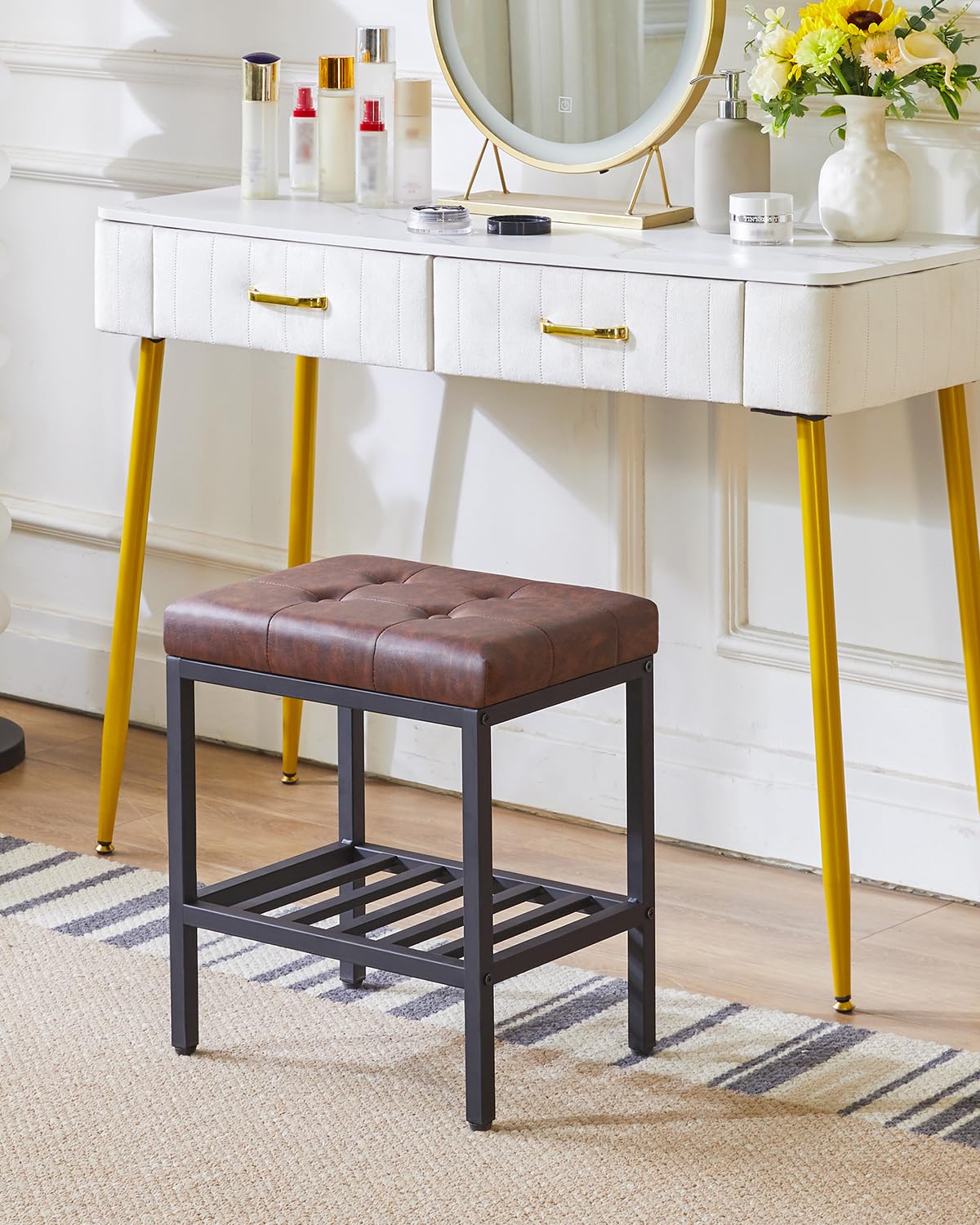 IBUYKE Rectangular Makeup Stool, PU Seat Vanity Chair, Dark Brown WBD017Z