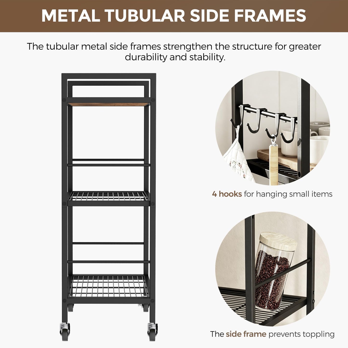 3-Tier kitchen trolley,Black Wood Top,60W×40Dcm,4 Hooks, Adjustable Shelves