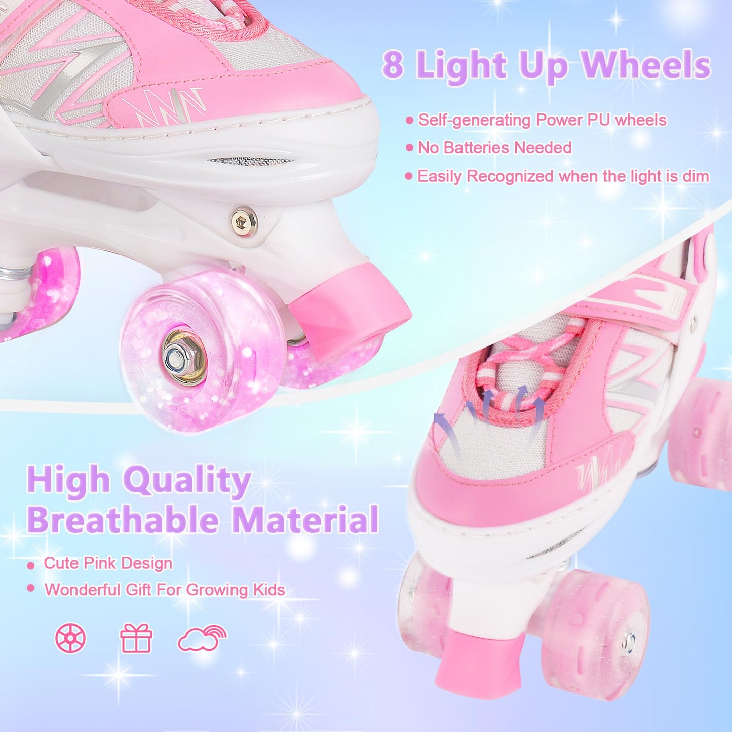 Kids Girls Roller Skates For Toddler Child Beginner, 4 Sizes Adjustable Kids Roller Skates with Light Up Wheels (Pink White, Medium)