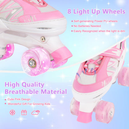 Kids Girls Roller Skates For Toddler Child Beginner, 4 Sizes Adjustable Kids Roller Skates with Light Up Wheels (Pink White, Medium)