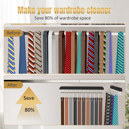 Tie Rack & Belt Hanger 2 in 1 Tie Hanger Space Saving 20 Hooks Hangers for Closet Max 30 Belts with 30 Ties Capacity