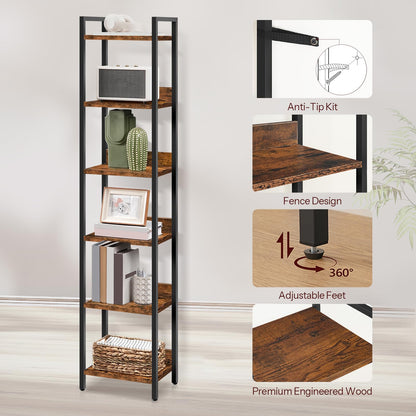 MAHANCRIS Bookshelf, 6-Tier Bookcase, Standing Book Shelf for Small Space, Storage Shelf Organizer, for Living Room, Bedroom, Study, Balcony