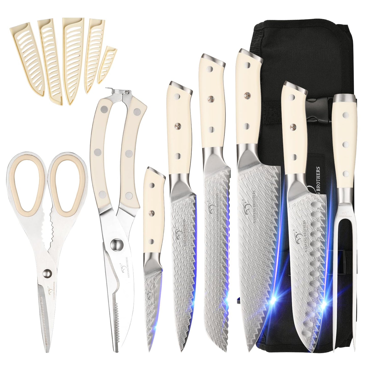 NANFANG BROTHERS 9-Piece Damascus Steel Knife Set with Chef's Roll Pouch, VG10 Professional Set with Kitchen Fork and Shears