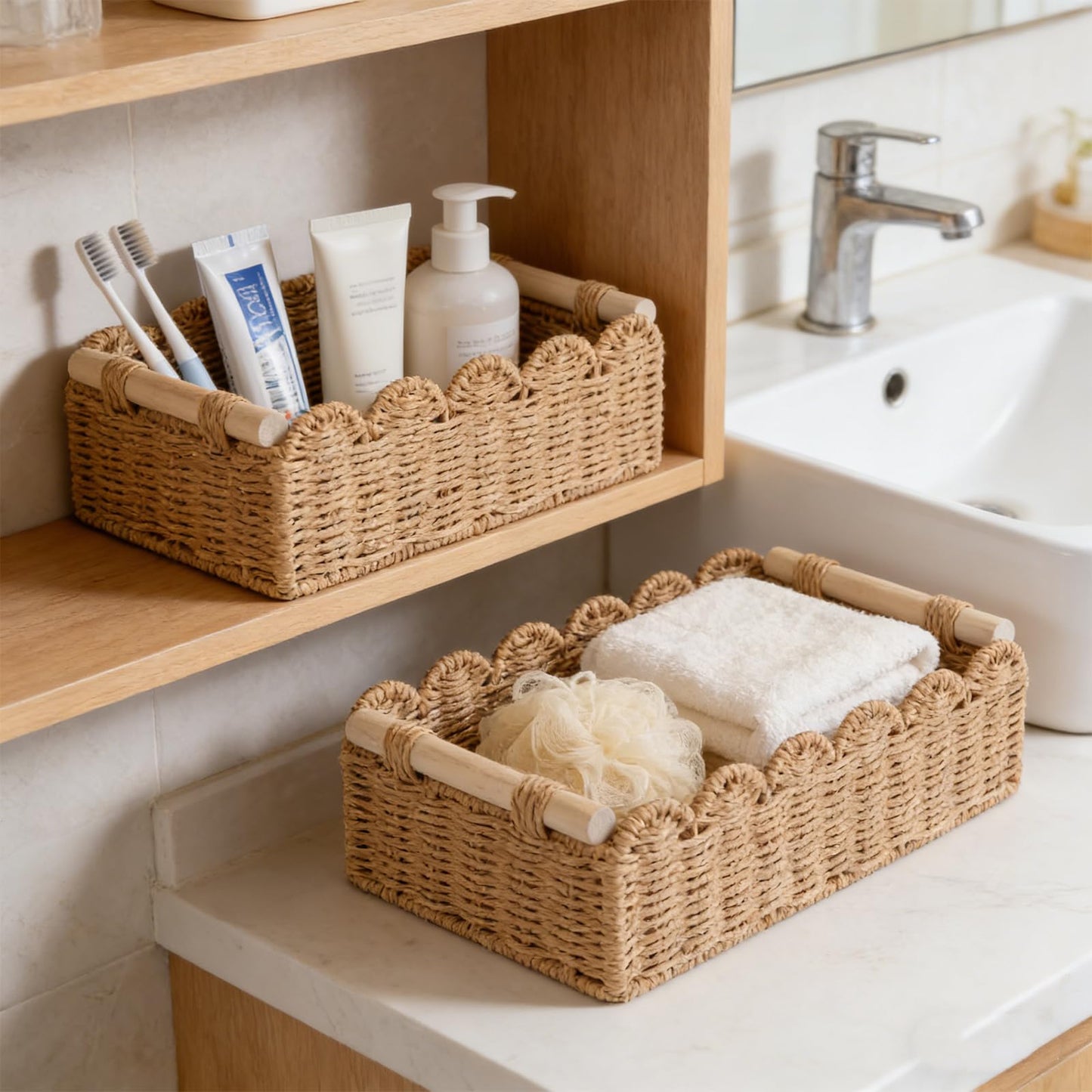 Storage Baskets Set of 2, Woven Wicker Hamper Basket with Handles, Scalloped Edge Rope Toilet Paper Tray, Organizer Bins for Bathroom, Shelf, Kitchen