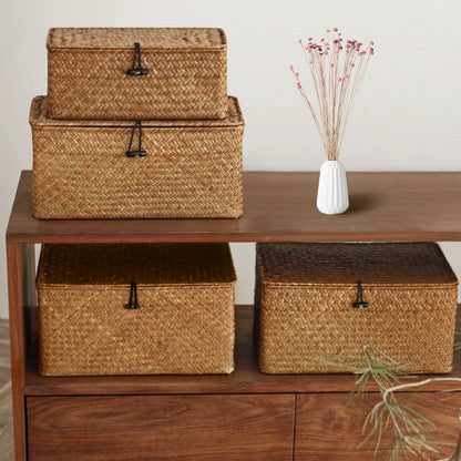 Esoes Wicker Storage Basket Woven Rattan Storage Box With Lids Seagrass Laundry Baskets Makeup Organizer For Bathroom, Living Room, Kitchen (XL)