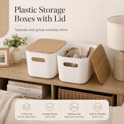 YAGOKKI 2 Pack Plastic Storage Boxes with Lid, 9.8 x 6.8 x 6.0 in Organising Boxes with Wood Lid, Stackable White Storage Box for Desktop Office