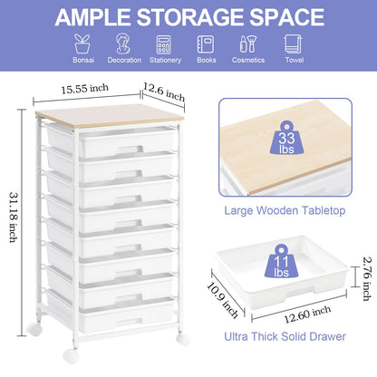 SYKIARIOL 8 Drawers Rolling Storage Trolley, Utility Storage Cart on Lockable Wheels with Plastic Drawers, Multipurpose Mobile Organizer Unit for