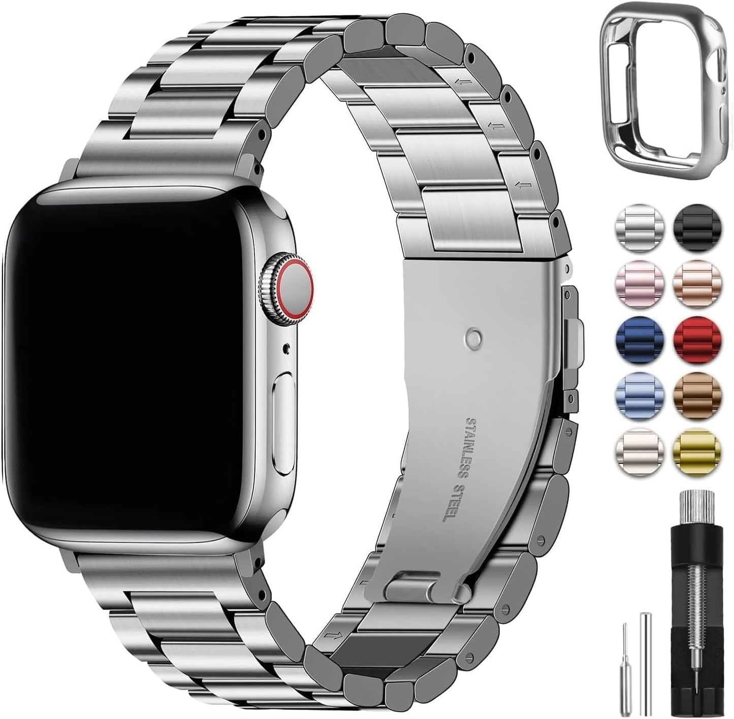 Fullmosa Compatible with Apple Watch Straps Series 11 10 42mm, Stainless Steel Replacement Band Compatible with iWatch 42mm, Silver & Protective Case