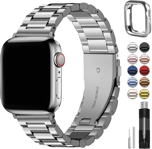 Fullmosa Compatible with Apple Watch Straps Series 11 10 42mm, Stainless Steel Replacement Band Compatible with iWatch 42mm, Silver & Protective Case