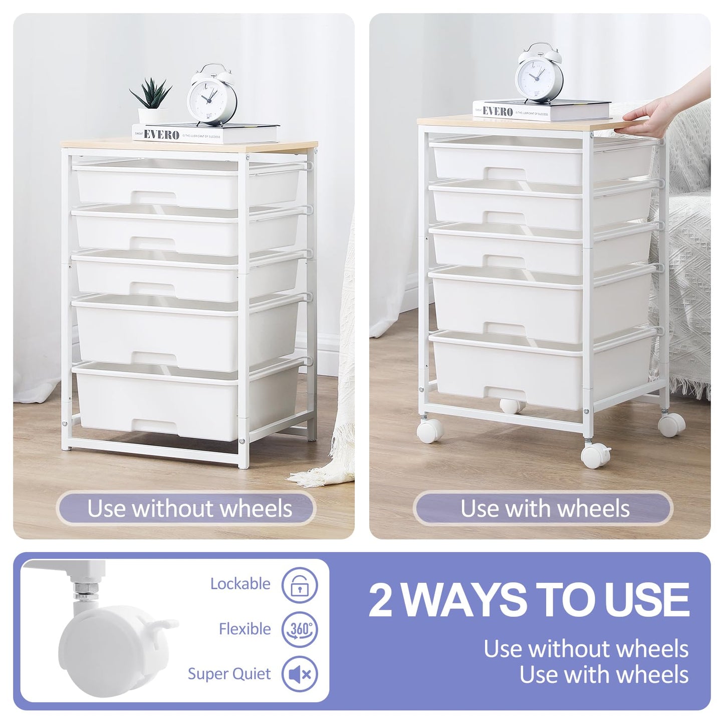 SYKIARIOL 5-Drawer Storage Trolley Rolling Cart, White