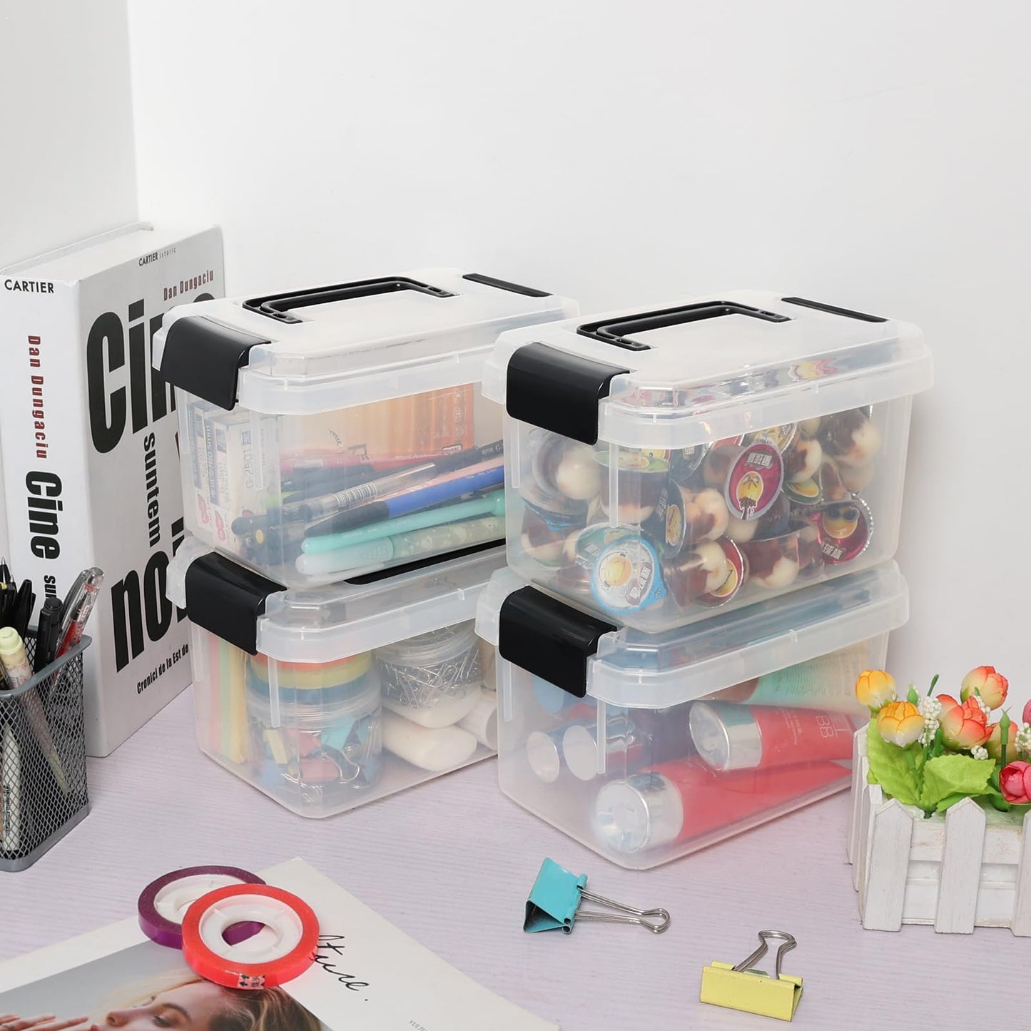 Doryh 4 Pack 2 L Clear Plastic Lidded Storage Boxes with Handles