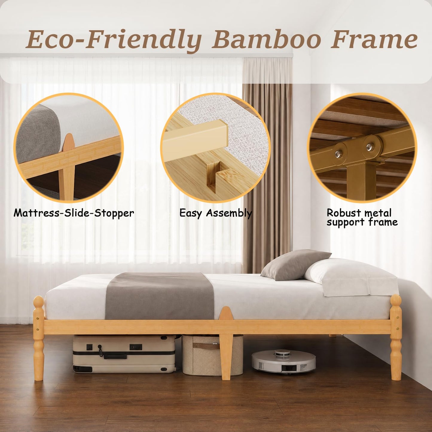 APEXTELLA HOME King Bed Frame 14-inch Natural Bamboo Wood Platform Bed with Metal Slats Support and Mattress Slide Stopper, Underbed Storage Space