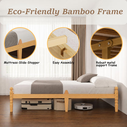 APEXTELLA HOME Double Bed Frame 14-inch Natural Bamboo Wood Platform Bed with Metal Slats Support and Mattress Slide Stopper, Underbed Storage Space
