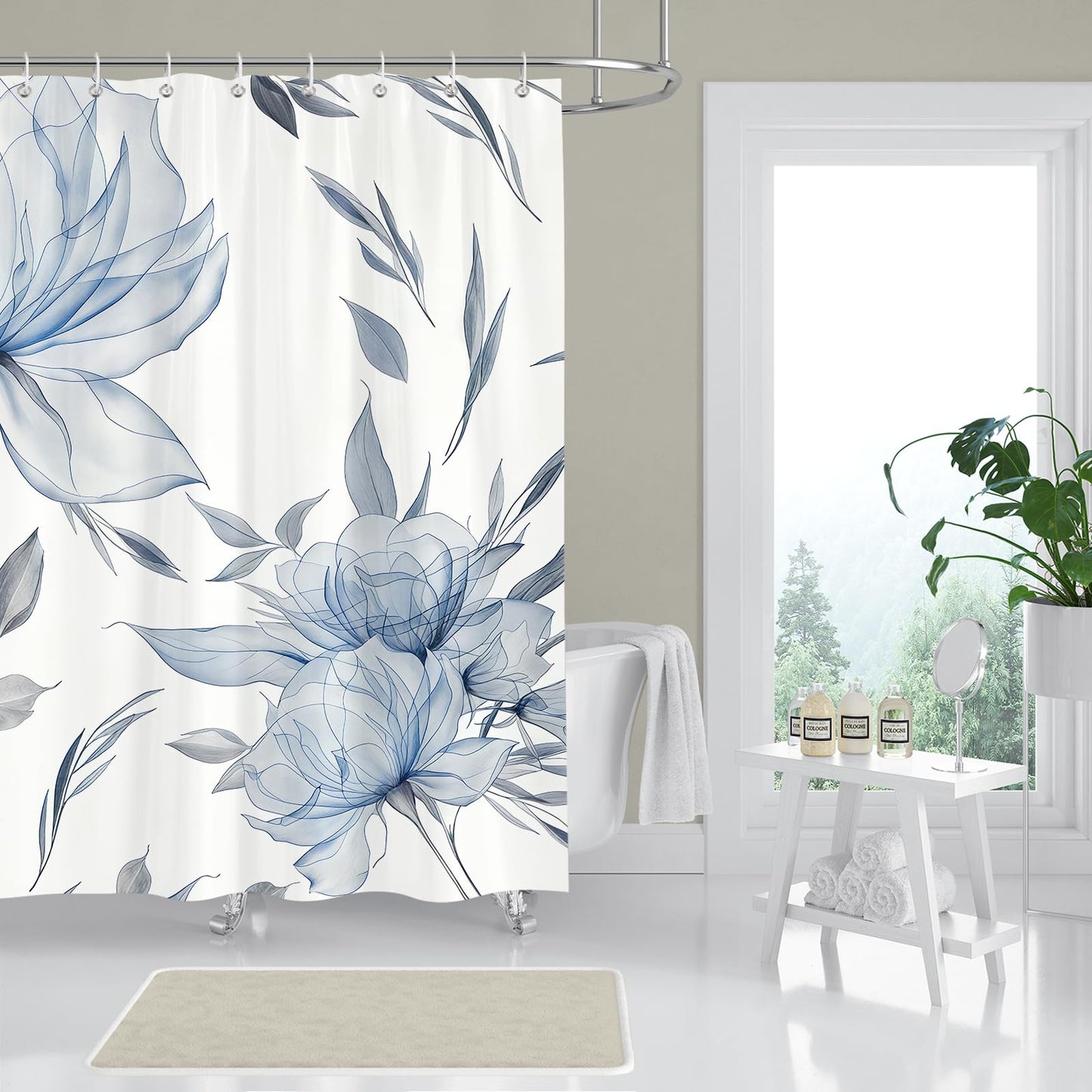 Hopomoon Blue and Grey Boho Watercolor Floral Shower Curtain, Ink Painting Style Waterproof Polyester Bath Curtain with 12 Hooks,Spring Summer