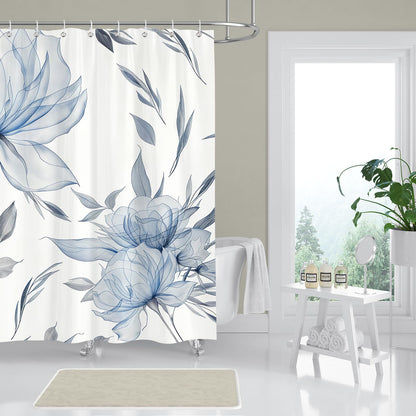 Hopomoon Blue and Grey Boho Watercolor Floral Shower Curtain, Ink Painting Style Waterproof Polyester Bath Curtain with 12 Hooks,Spring Summer
