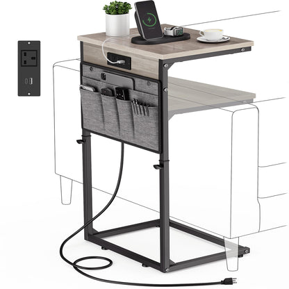 Vagusicc C-Shaped Side Table with Charging Station, Height Adjustable Sofa Side Table, Bedside Table, End Table for Small Spaces