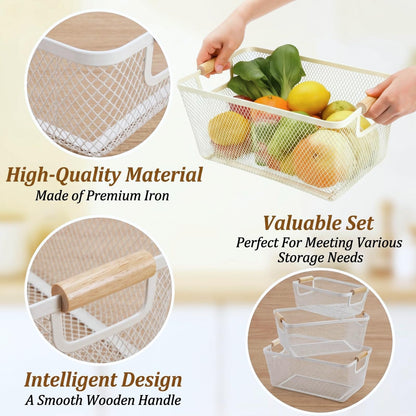 Noamus 3 Pack Metal Mesh Baskets with Wood Handle, Iron Storage Organizer Basket, White Wire Countertop Baskets for Organizing