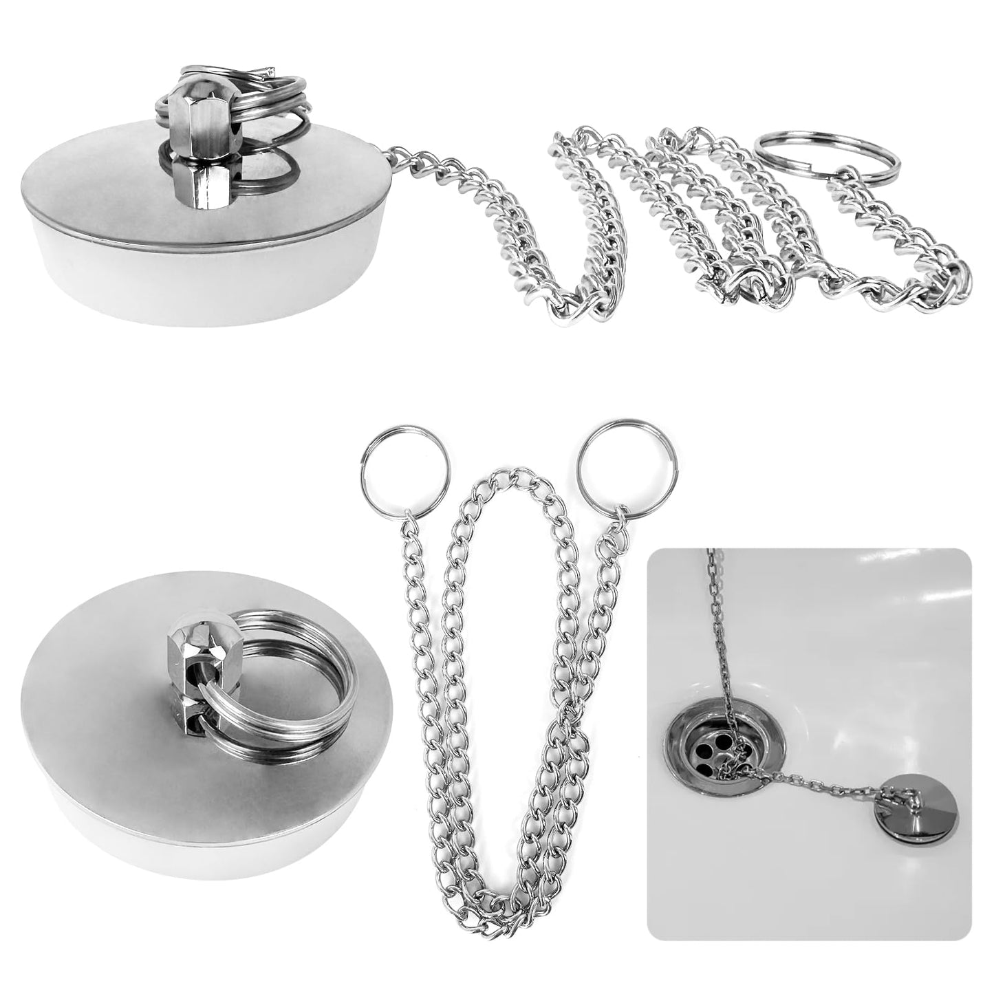 2 Pcs Drain Stopper Sink Plug, Universal Bath Plug with Stainless Steel Chain,Drain Stopper For Bathtub Sink Bathroom Kitchen Home,42mm to 46 mm