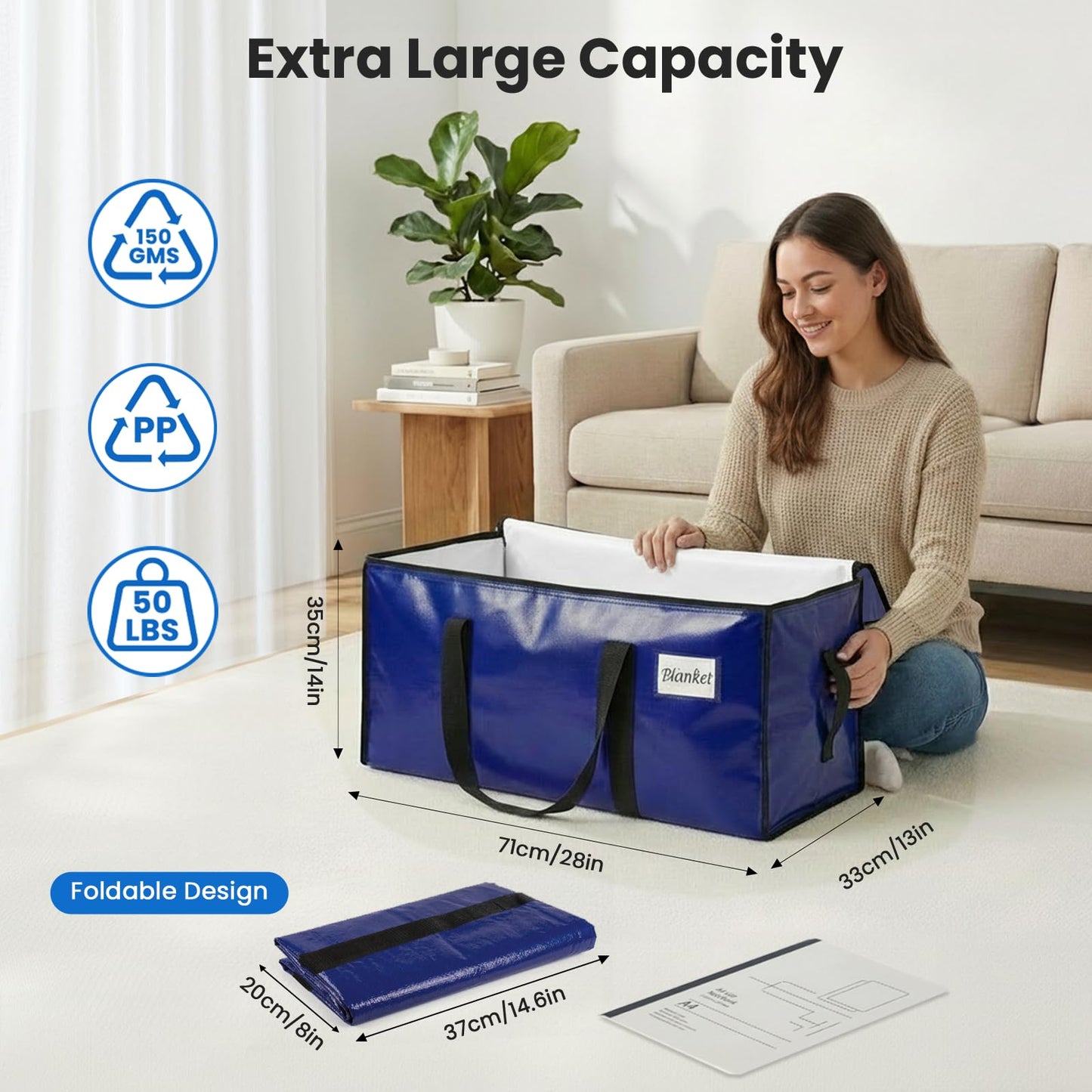 RICHER HOUSE 90L Heavy Duty Moving Boxes, Clothes Storage Bags, 4 Pack,Blue