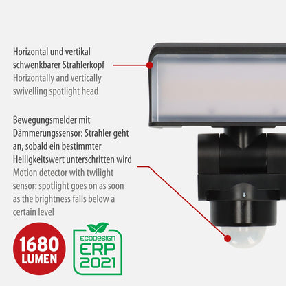 Brennenstuhl LED Security Light Outdoor with Motion Sensor WS 2050 SP (20W, 1680lm, IP44, 3000K, Warm White Light, 180 Angle of Detection with up to