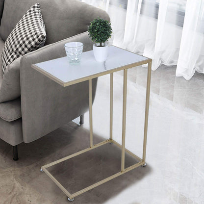 C Shaped Side Table, Sofa End Table with Gold Metal Frame Coffee Snack Table Laptop Holder Table Bedside Table Modern Open Type Under Bed Table Care