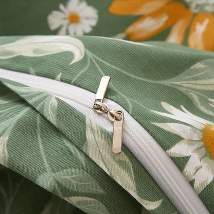 Ruccit Green Floral Duvet Cover Set Double 100% Cotton Duvet Cover Double Bed 3pcs Garden Yellow White Flowers Bedding Set with Zipper Closure Corner