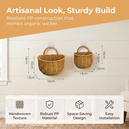 2 PCS Woven Storage Basket, Wall Hanging Storage Baskets, Kitchen Storage with hooks