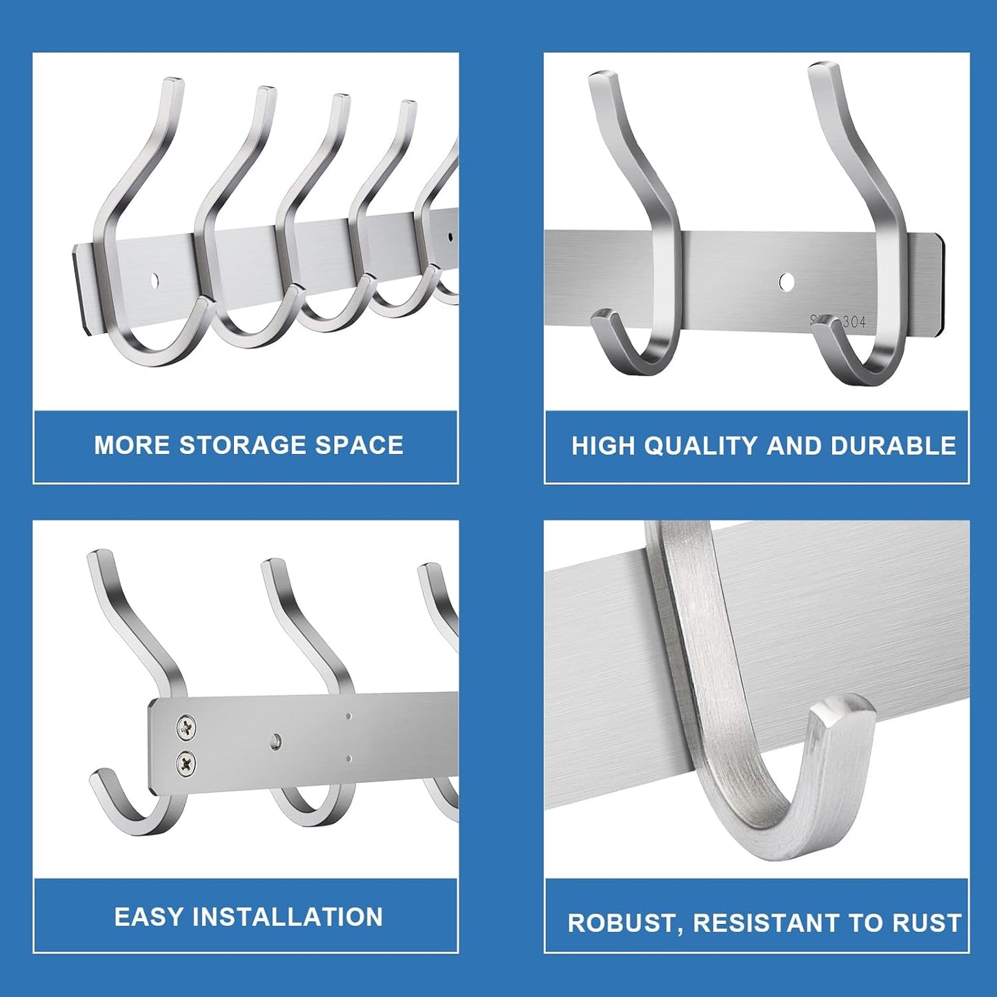MEIJO Coat Hooks Wall Mounted, Coat Rack Wall Mounted Stainless Steel with 4 Hooks Heavy Duty Coat Hooks for Door, Bedroom, Bathroom, Kitchen
